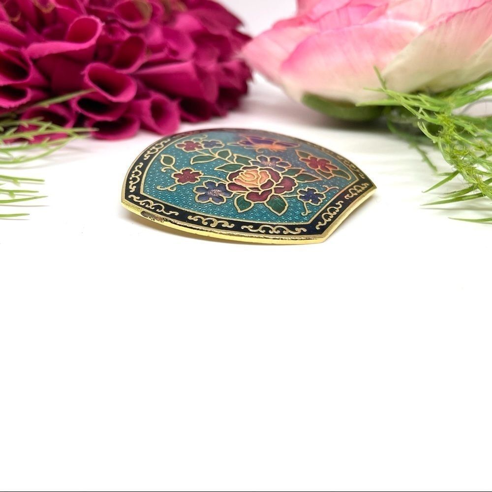 VINTAGE⚜️CLOISONNÉ Butterfly Floral Enameled Brooch - Picture 5 of 7